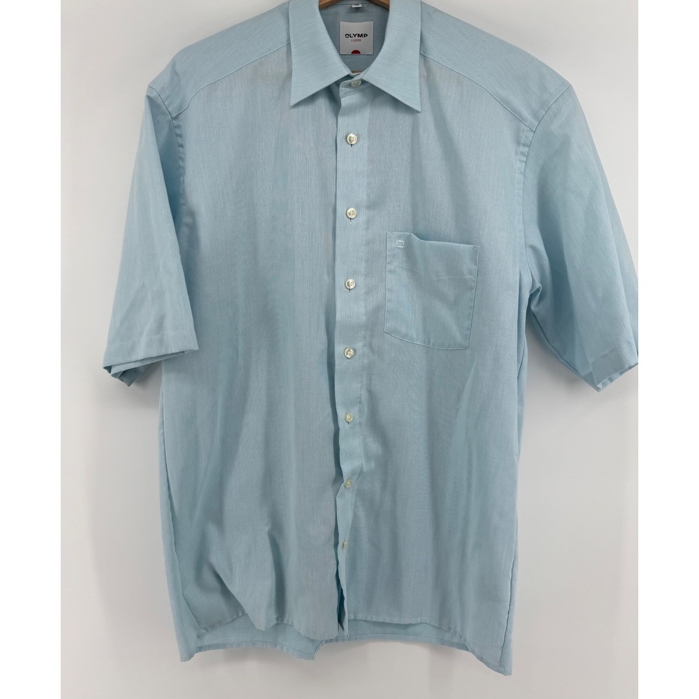 Olymp Luxor Mens Light Blue Short Sleeve Button Down Cotton Shirt Size 15.5 39